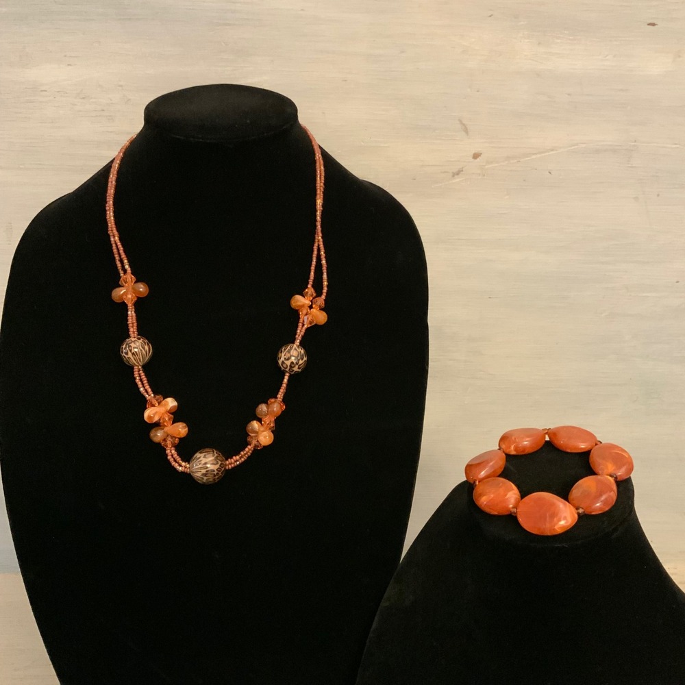 Handcrafted Beaded Double Strand Statement Necklace & Chunky Bracelet‎ Set GC